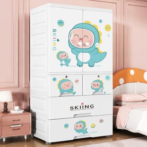 Image of Mevigo 4-Door Plastic Wardrobe for Kids| Almirah and Wardrobe for Baby Clothes| Modular Storage Cabinet with Wheel Organizer for Cupboard Rack for Clothes /Shoes /Books /Toy-White-Snow Bear
