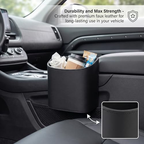 Bote de basura para automóvil multifuncional con portavasos de cuero para colgar en la puerta 3