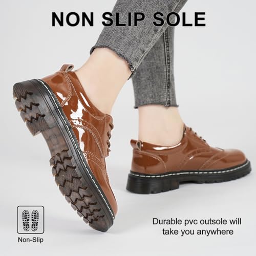 Hjj Women'S Oxford Shoes Flat Slip Resistant Dress Shoes Wingtip Perforated Lace Up Low Heel Casual Work Office Dressy Business Shoes Brown Us 8 thumb #2