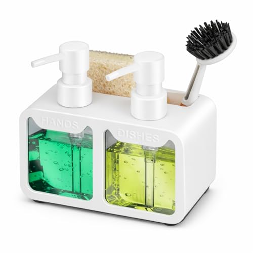 Image of Kitchen Sink Soap Dispenser Set - Dual Pump for Hand & Dish Soap, Sponge & Brush Holder, Refillable Sink Organizer (White)