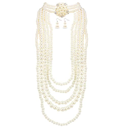 Shineland Multilayer Strand Simulated Faux Pearl Statement Long Sweater Chain Necklace and Earrings Set (Style # 3)