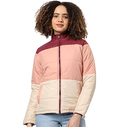 Image of Campus Sutra Women Pink Colour-Blocked Puffer Regular Fit Bomber Jacket For Winter Wear | Standing Collar | Full Sleeve | Zipper | Casual Jacket For Woman & Girl | Western Stylish Jacket For Women
