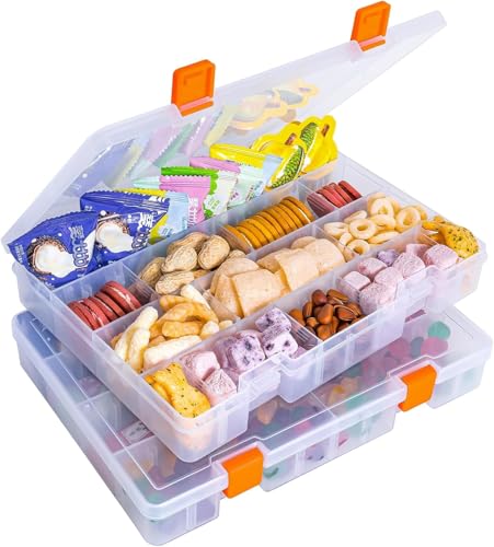 LAifu Snack Boxes for Travel, 2 Pack Snack Box with 36 Removable Grids Compartments, Clear Multi compartment Snackle Box Trays with for Candies, Nuts, Chocolates, Cookies, Fruits, Etc