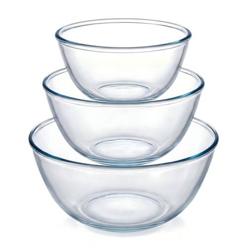 Borosilicate Glass Mixing Bowls Set of 3 (2.8 2.2 1.1QT) - Heavy Duty Scratch Resistant Non-Toxic & Lead-Free Oven/Microwave/Dishwasher/Freezer Safe Ideal for Meal Prep Baking & Serving