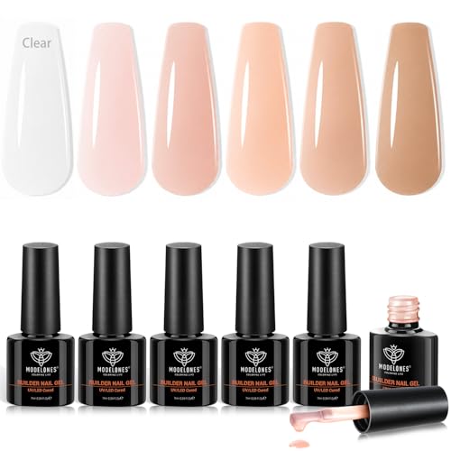 Image of modelones Builder Nail Set, Builder Base Colors Nude Netural- 6Colors, Soft Blush Hard Strengthener Rubber Base Gel Polish 8-in-One Extension LED Nail Lamp Cured