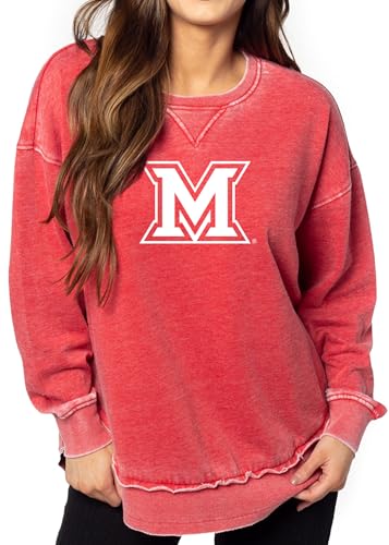 Chicka-d Women's Burnout Hi-Lo Campus Crewneck Fleece Sweatshirt NCAA Primary Team Icon Team Color, Miami (Ohio) Redhawks, Cardinal, X-Large