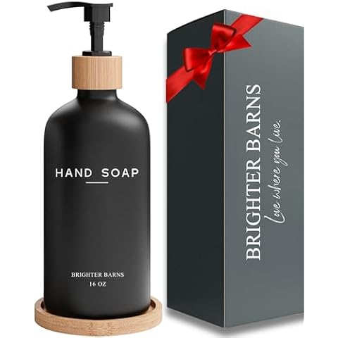 Black Glass Hand Soap Dispenser Bathroom Set by Brighter Barns - Bathroom Soap Dispenser Set with Tray - Black Soap Dispenser - Black Bathroom Accessories for Vacation Rental, Restaurant, Spa (Black) Cover