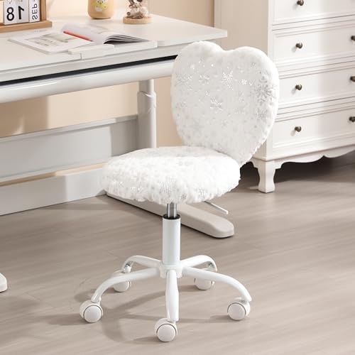 Image of Kmax Kids Reading Chair, Rolling Cute Desk Chair for Girls Swivel Office Chair with Wheels & Heart Back Adjustable Childrens Vanity Chair for Bedroom Reading Room - Fur, Snowflake