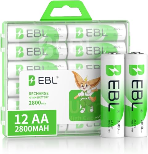 EBL 12PCS AA Piles Rechargeables Haute Capacité- 12 Piles Rechargeables AA LR6 2800Ah 1,2V Ni-MH avec Boîte de Stockage de Piles