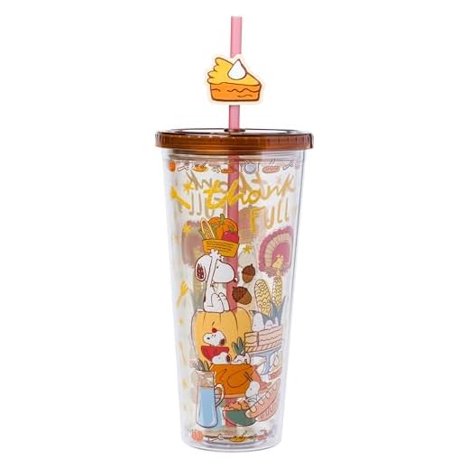 Silver Buffalo Peanuts Fall Autumn Thanksgiving Feast Featuring Snoopy and Woodstock Plastic Cold Cup with Lid and Straw Topper, 24 Ounces