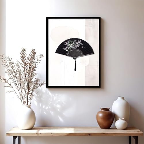 JOHOUSE Black Fabric Folding Hand Fan with Tassel and Pouch – Elegant Foldable Handheld Fan for Women, Wedding Fans for Guests, Chinese and Japanese Style Asian Gift for Party, Dance & Home Decoration