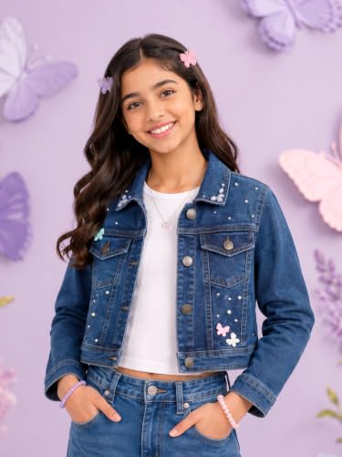 Image of Girls Full Sleeve Solid Crop Denim Jacket