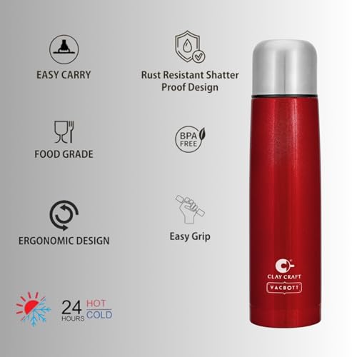 Image of Clay Craft VACBOTT Terra Double Walled 18 Hours Hot and 24 Hours Cold Water Bottle-750ML, 2-Piece Leak Proof|Easy to Carry|Gym Bottle|Home|Kitchen|Hiking|Travel Bottle|BIS Certified|1 Year Warranty