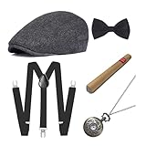 BABEYOND 1920s Mens Gatsby Costume Accessories Set Includes Panama Hat Elastic Y-Back Suspender Pre Tied Bow Tie Pocket Watch and Plastic Cigar (Set-2)