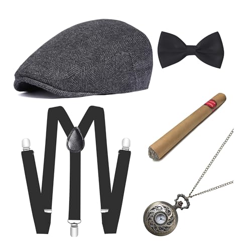 BABEYOND 1920s Mens Gatsby Gangster Costume Accessories Set 30s Manhattan Fedora Hat Bow Tie Suspenders