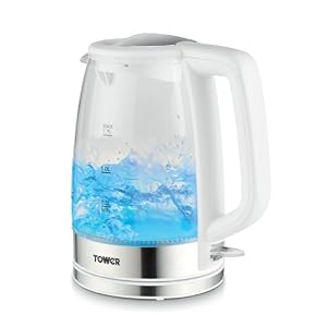 Tower PT10090WHT Illuminating Glass Kettle with Removable Filter, Boil Dry Protection, 1.7L, 2200W,White & Stainless Steel