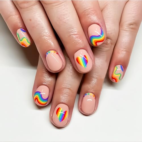 Pride Rainbow Press on Nails Short, Almond False Nails Rainbow He...