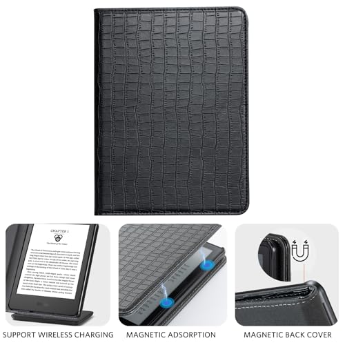 Image of CoBak Case for 6 inch E-Reader - PU Leather Smart Cover with Auto Sleep /Wake & Hand Strap, not Compatible with Kobo Clara, Croco Black