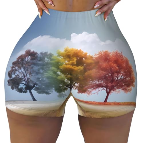 Four Seasons Tree Pattern Sports Shorts, high Elastic Slim Fitness Pants, Suitable for Yoga/Leisure/Daily wear