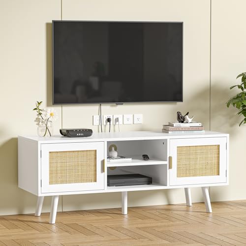 Skokliz Mueble de TV para televisores de hasta 55 pulgadas, consola de TV de ratán con 2 puertas y 2 estantes abiertos, gabinetes de TV bohemios para sala de estar, unidades de TV de granja para