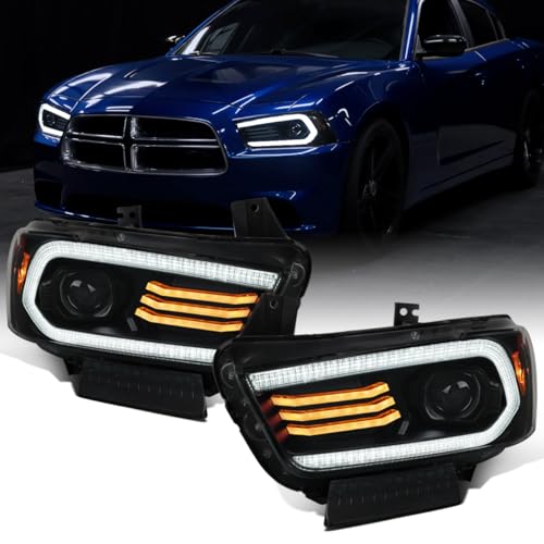 Ronnin - Fits 2011-2014 Dodge Charger LED DRL Switchback Sequential Turn Signals + Animated Startup Effect HID Xenon Projector Headlights Assembly Pair | Black Smoke