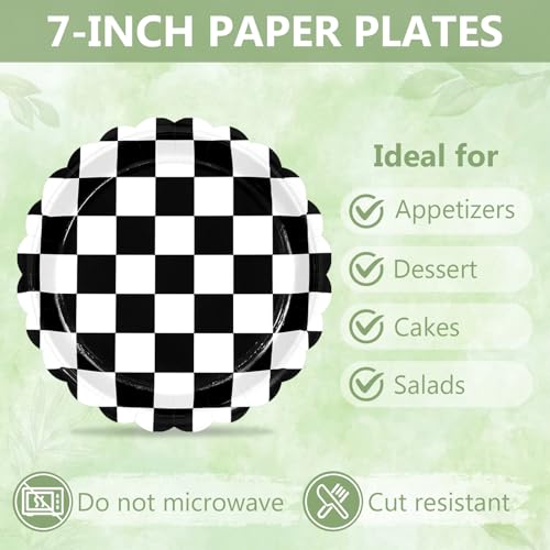 Image of 75 Pcs Black Checkered Paper Plates and Napkins&Forks for Party, 7inch