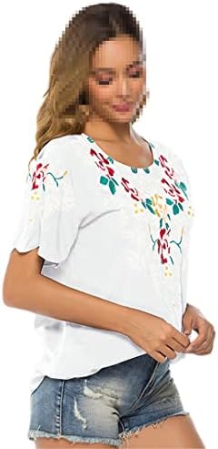 Seasonal Boheemse borduursels Mexicaanse tops voor dames, zomer, boho-shirts, hippie, boer, 3/4 mouwen, V-hals, blouse, tuniek, Wit-328, XL