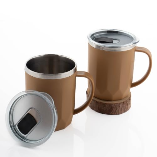 Image of MAGIC SPOON Stainless Steel Travel Coffee Mug with Sipper Lid & Handle, Insulated Tea Cup, BPA-Free Double Wall Tumbler for Hot-Cold Beverages, Office, Home, Car, Travel- Brown, (400ml X 2 Pack)