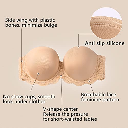 DotVol Women's Multiway Strapless Bra Full Figure Underwire Contour Beauty Back Plus Size Bra(36DD,Lace Beige)