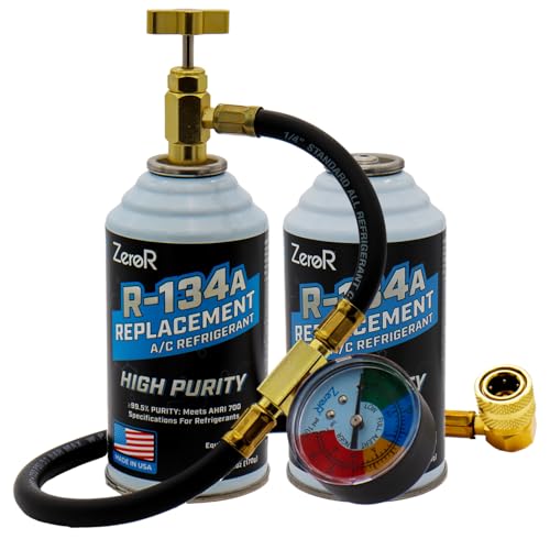 ZeroR® High-Purity AC Recharge Kit R134a Replacement – Eco-Friendly Refrigerant Gas with 24-Inch Charging Hose Tool for SSV Cans, 2-Pack