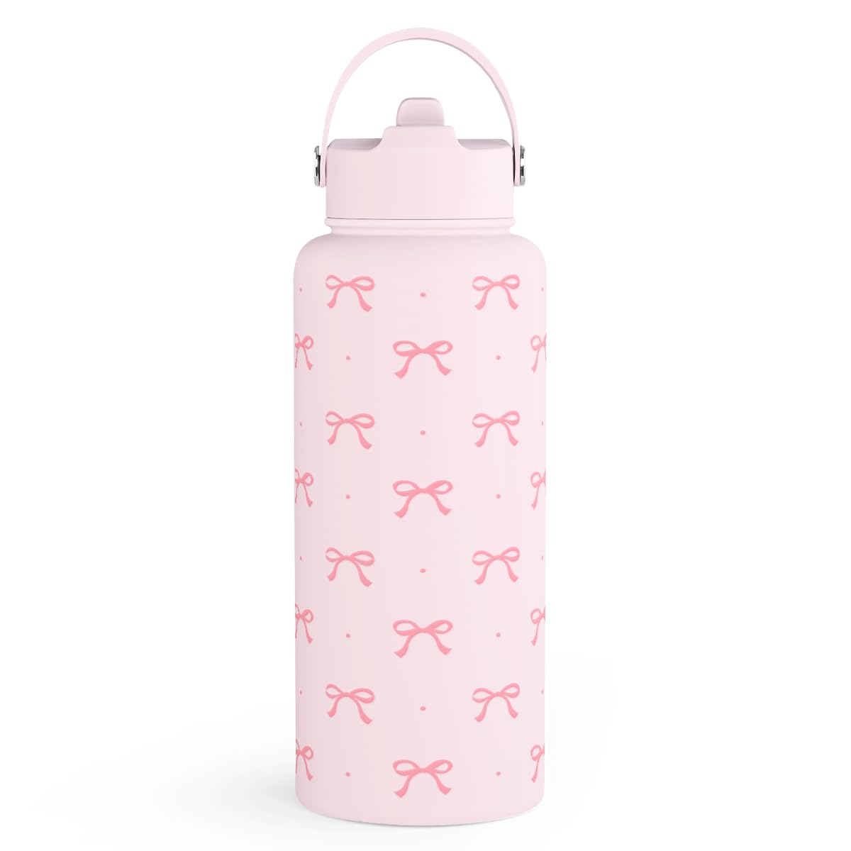 SANDJEST Rosa Schleife Wasserflasche Edelstahl isoliert Vakuum 1 l (32 oz) mit Deckel, Geschenke für Frauen Mädchen Teenager Geburtstag Weihnachten