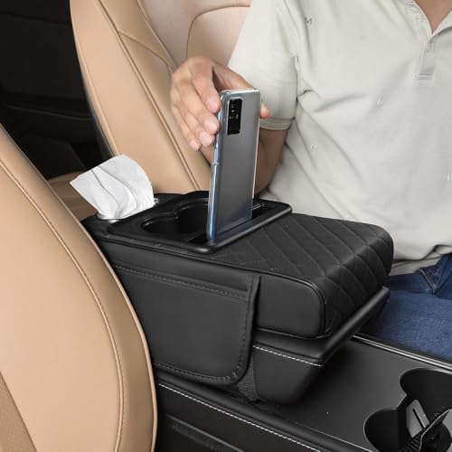 Image of SELENIC Universal Car Center Console Cover, Leather Armrest Cushion with Storage Box, Cup Holder, Tissue Organizer & Phone Slot, Waterproof Interior Accessory (Black)