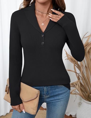 Image of LOMON Sweaters for Women 2025 Fall Knitted V-Neck Collared Button Pullover Dressy Casual Long Sleeve Polo Shirts Business