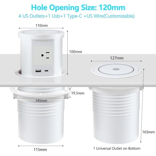 Image of Audiovan Vertical Pop Up socket Pneumatic Electrical Countertop 3* Power+ USB type A+C charger hdmi aND Lan Port RJ45, 18 watt Fast Wireless phone charge Conference Desk (White VMP-28)