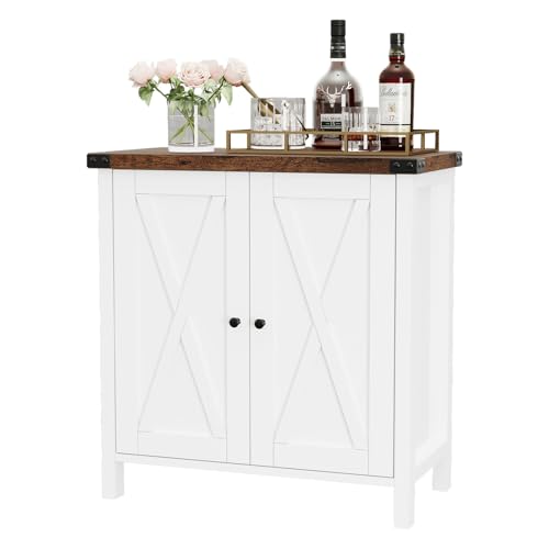 GarveeMore Mueble Cocina Aparador con Puertas y Estante Regulable Buffet Rustico para Cocina, Salón o Comedor Mueble Auxiliar 76x40x80 cm Marrón+Blanco