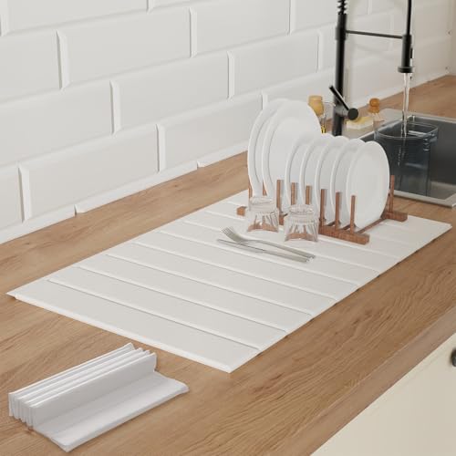 Ditother Dish Drying Mat,Stone Drying Mat for Kitchen Counter,Heat Resistant and Super Absorbent Foldable Bath mats,Made of Diatomaceous Earth and Leather.24.8