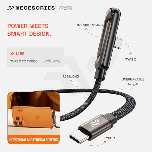 Image of Type C to C 240W Fast Cable, Built-in Invisible Mobile Stand | 480Mbps Data Transfer | 1.5M Long Nylon Braided Flat Unbreakable | Compatible with Type-C Phones | Macbook, iPad etc