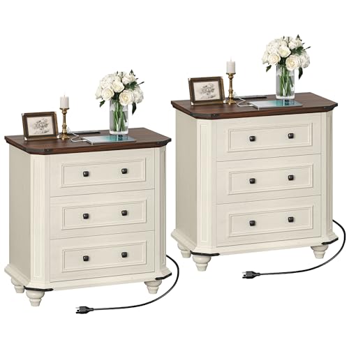 DWVO Nightstand Set of 2 with Charging Station, Farmhouse Bedside Table with 3 Drawers, Wood Night Stand w/Storage, Rustic Bed Side End Table for Bedroom Dorm Small Space, White