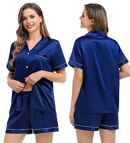 Image of SWOMOG Womens Silk Satin Pajamas Set Short Sleeve Sleepwear Button Down Top and Shorts Loungewear 2 Piece Pjs Set XS-3XL