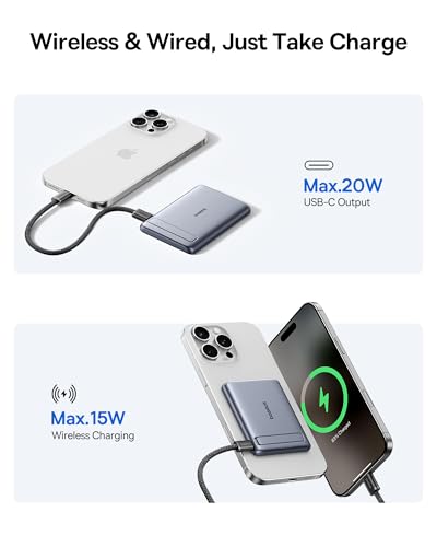 Image of Baseus Picogo Power Bank, Smallest Qi2 Certified 15W MagSafe Portable Charger, 0.5 inch Ultra Slim 5000mAh Magnetic Battery Pack with Stand, Alloy Wireless Charger for iPhone 17 Pro Max /17 Air /17e Series