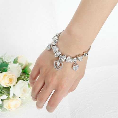 Charm Bracelet for Women, Heart Shape Glass Beads Sliver CZ Cross Snake Chain Bracelet, Trendy Charm Bracelet Jewelry Gifts for Women3