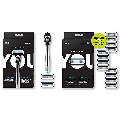 Made For YOU by BIC Shaving Razor Blades for Every Body for a Smooth Close Shave & Hair Removal, NICKEL Kit & 12 Count Refill Razor Blades for Every Body for a Close Shave with Aloe Vera and Vitamin E
