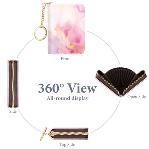 Image of Credit Card Holder RFID Wallet for Women, Small Leather Card Organizer Case with Zipper and Keychain, Red Marble