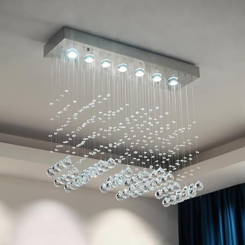 Crystal Chandelier Modern Chandelier 7-Light Rectangular Deluxe Wave Chandelier Ceiling Light Fixture Raindrop Chrome Flush Mount Pendant Lamp for Kitchen Island Bedroom Dining Room