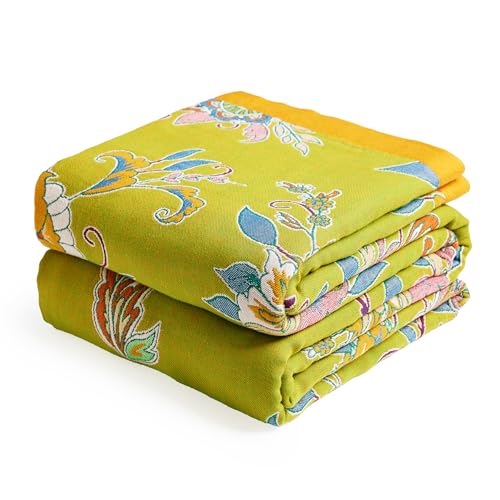Boho Throw Blanket, 100% Organic Cotton Breathable Ultra Soft Bed Quilt Throw - All Season Luxury Floral Farmhouse Decor Blanket for Sofa Couch Chair and Gift. 91" x 98"-Green/Blue