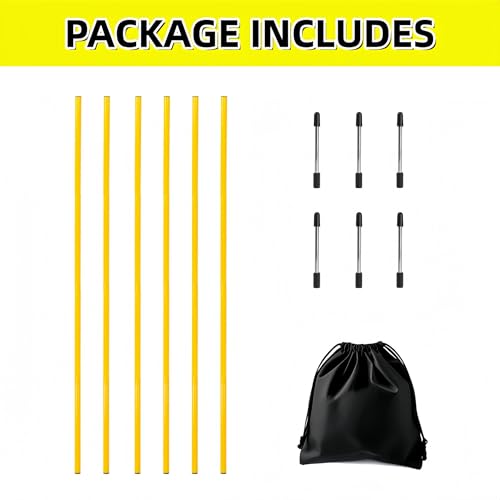 6 Pcs Soccer Agility Poles for Training, 5 FT Adjustable Speed and Agility Training Equipment for Football/Basketball/Horse/Dog Practice, Soccer Sticks with Steel Ground Nails Outdoors (Yellow)
