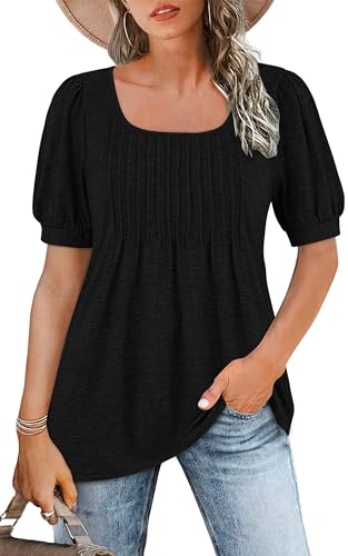 WNEEDU Tee Shirt Femme col Carré Tunique Femme Été T-Shirt Manches Courtes Chemise Fluide Plissée Hauts Chic Élegant Ample Top Noir XL WNEEDU Tee Shirt Femme col Carré Tunique Femme Été T-Shirt Manches Courtes Chemise Fluide Plissée Hauts Chic Élegant Ample Top Noir XL