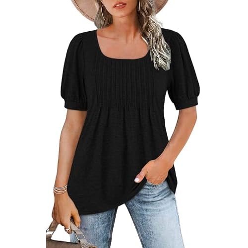 WNEEDU Womens Summer Tunic Tops Puff Short Sleeve T-shirts Casual Pleated Flowy Square Neck Basic Tee Top Women 2024 New