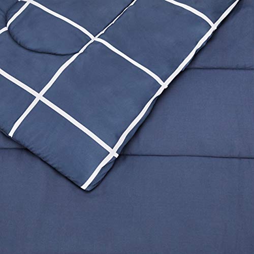 Image of Amazon Basics Lightweight Microfiber Comforter Set with Sheets, 7-Piece, Bed-In-A-Bag, Full /Queen, Navy with Grey Plaid, Machine Washable
