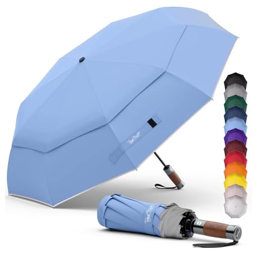 Royal Walk Paraguas de bolsillo resistente a las tormentas, automático, doble capota resistente al viento, pequeño, estable, reflectante, con mango de madera auténtica de lujo, para hombre y mujer